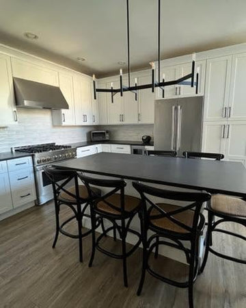 Contemporary Cream Kitchen Cabinetry with Black Island & amp.