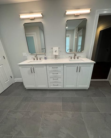 Luxury All-White Master Bathroom Vanity System with Makeup Station