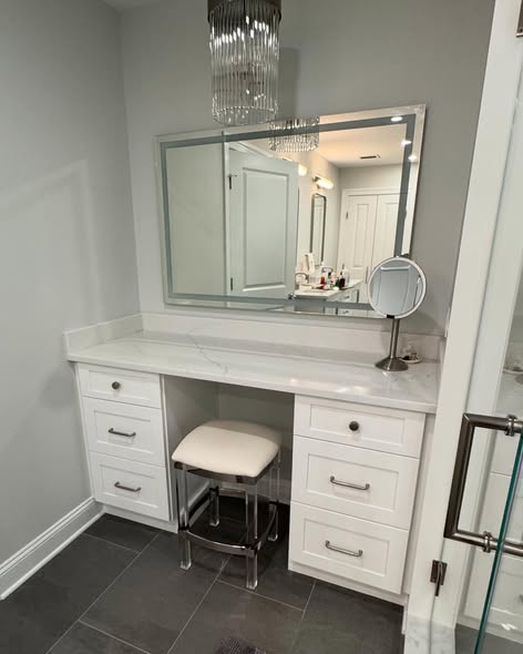 Luxury All-White Master Bathroom Vanity System with Makeup Station