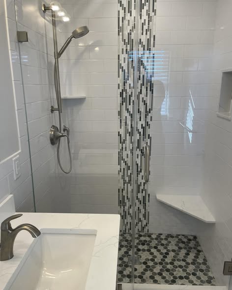 Warm Wood Bathroom Vanity with Subway Tile &amp  Mosaic Accents