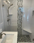 Warm Wood Bathroom Vanity with Subway Tile &amp  Mosaic Accents