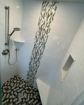 Warm Wood Bathroom Vanity with Subway Tile &amp  Mosaic Accents