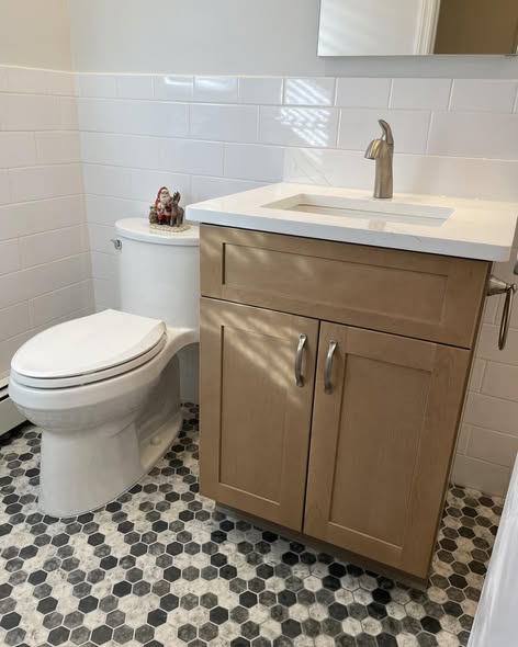 Warm Wood Bathroom Vanity with Subway Tile &amp  Mosaic Accents